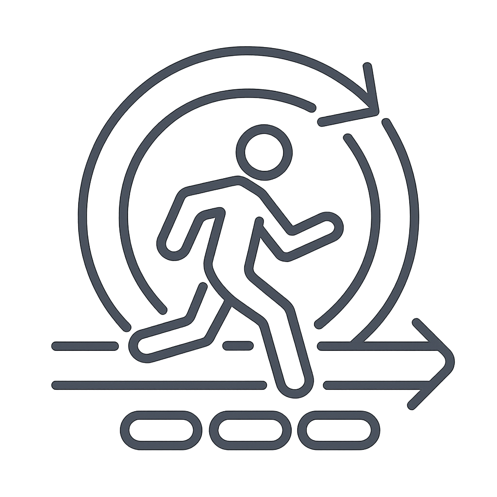 A simple cartoon-style icon featuring a dark gray stick figure in a circle, with directional arrows at the bottom, running...